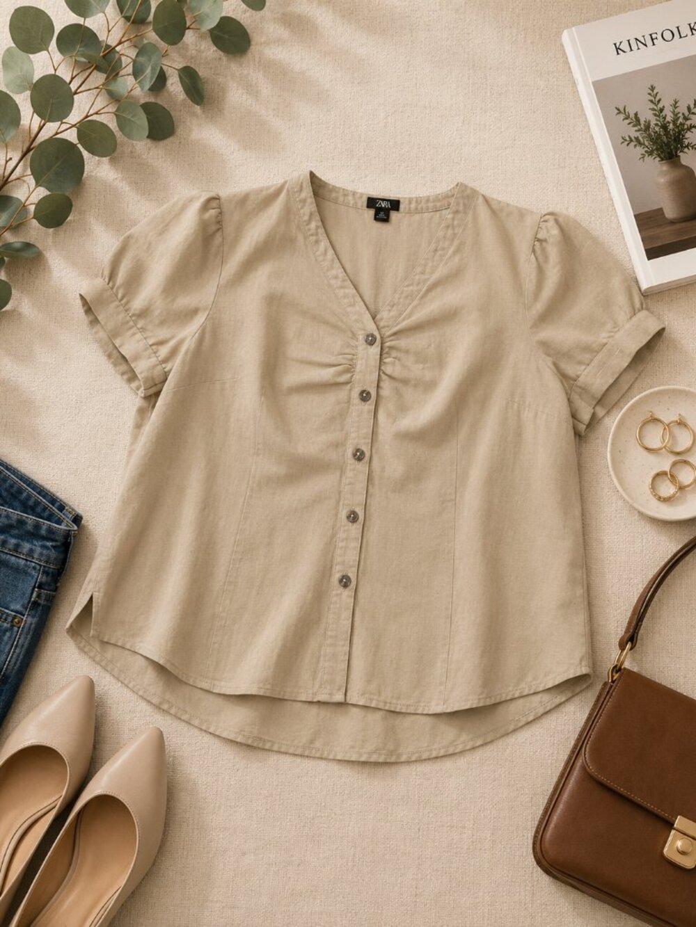 Easy 5th Woman 2X Beige Linen Blend Button Front Short Sleeve Blouse Plus Size